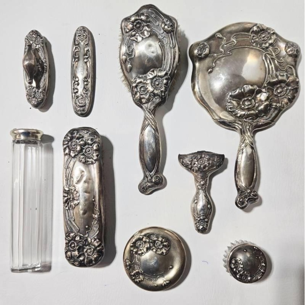Victorian Repose  Sterling Silver ‎ Large Vanity Set Brushes Jars Mirrors & More